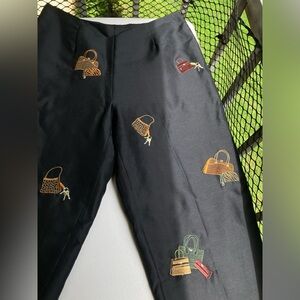 Vintage 100% Silk Black Pants Embroidered All Over Purse Hand Bag Print Trousers